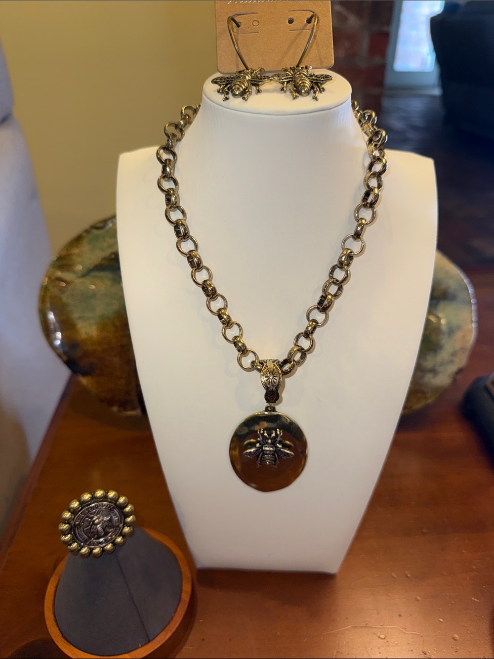 Gold-Tone Bee Medallion Necklace and Earring Set - Women Jewelry